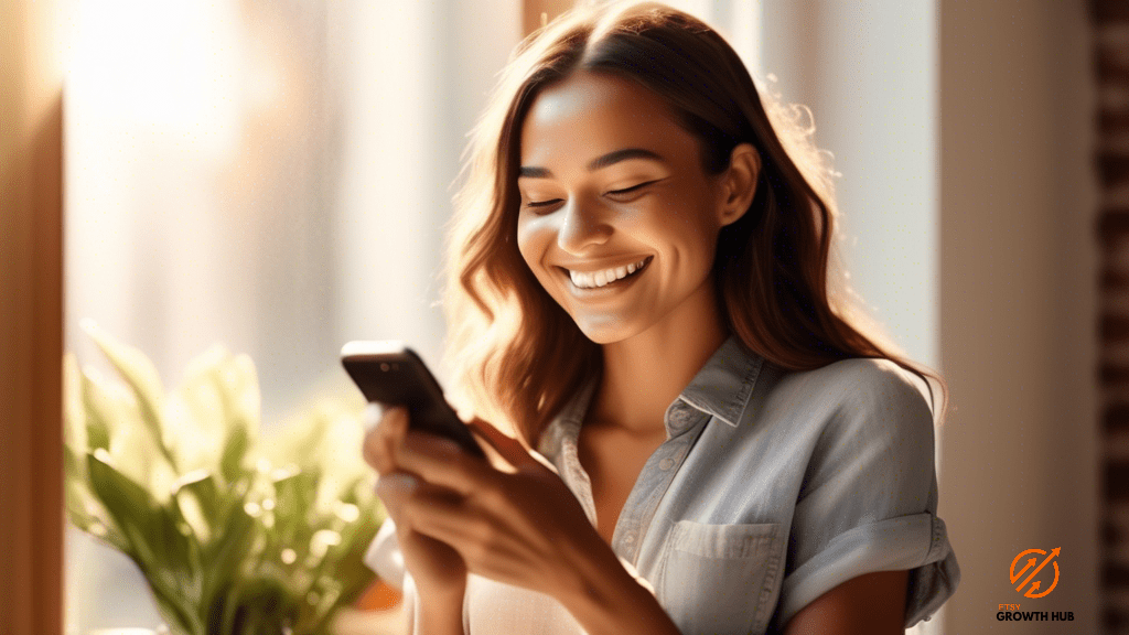 Close-up of a smiling customer enjoying seamless integration of social media engagement on smartphone, illuminated by soft morning sunlight.