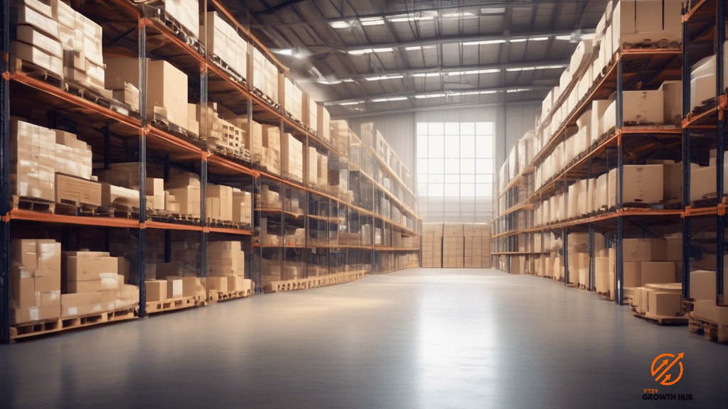 Efficiently organized warehouse with well-lit shelves showcasing inventory management techniques for reducing costs and maximizing profits.