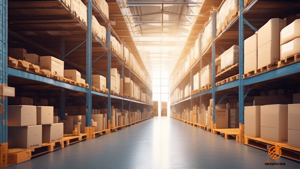 Efficiently organized warehouse with neatly stacked shelves, labeled bins, and effective inventory management systems bathed in vibrant natural light – optimizing your inventory for maximum efficiency.