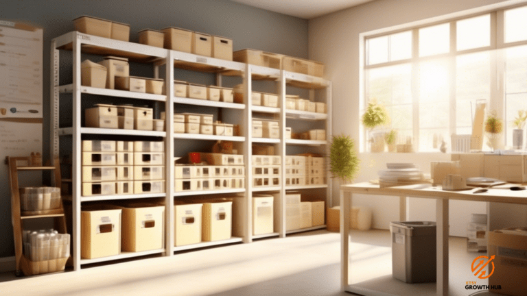 Efficiently organized workspace with neatly arranged shelves and labeled storage bins filled with supplies for effective inventory organization.