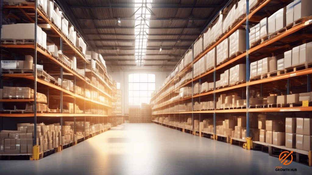 Efficiently managed warehouse with sunlight illuminating neatly arranged shelves filled with products, showcasing the use of inventory tracking tools such as barcodes, scanners, and digital inventory management systems.