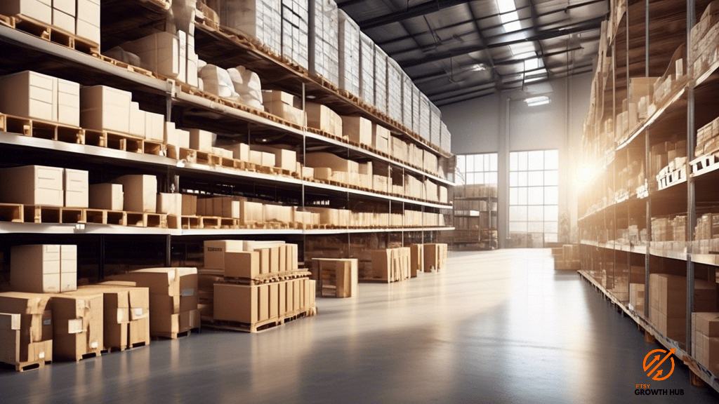 Efficient stock management in a well-organized warehouse with just-in-time inventory, showcased by neatly arranged shelves flooded with natural light through large windows.