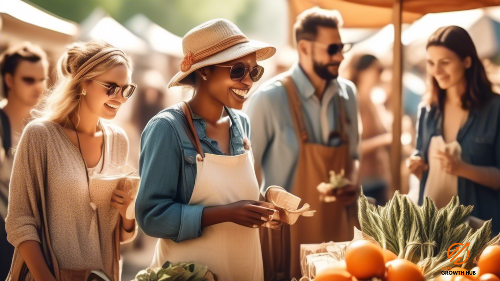 Networking Tips for Etsy Sellers: Building Connections Through Photography - A vibrant photo of a group of Etsy sellers at an outdoor market, showcasing their handmade products and engaging with customers under the warm and inviting glow of natural sunlight.