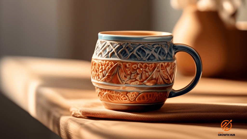 Handcrafted ceramic mug in soft morning sunlight, showcasing vibrant colors and intricate patterns – a testament to the effectiveness of optimizing Etsy SEO for customer engagement.