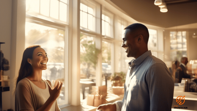 Personalized customer interaction between a smiling customer and attentive salesperson in warm natural light, demonstrating genuine connection and engagement.