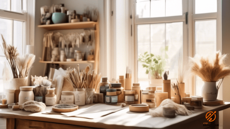 Beautifully arranged assortment of handmade products in an Etsy seller's workspace, illuminated by bright natural light streaming through a large window, highlighting the significance of photography compliance.