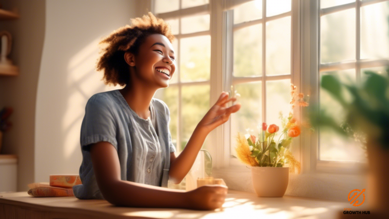 Engaging photo of a person happily using a product in a sunlit room, highlighting the product's benefits and the user's joyful expression.