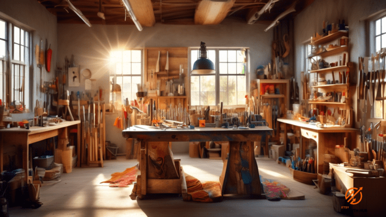 Captivating photo of a sunlit workshop featuring a handmade masterpiece, adorned with colorful materials and tools, emphasizing unique pricing strategies.