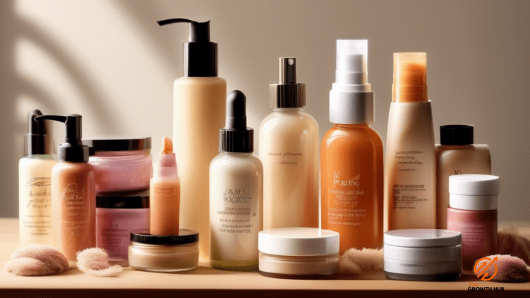Close-up photo of a stunning assortment of handmade beauty products, illuminated by soft and radiant natural light.
