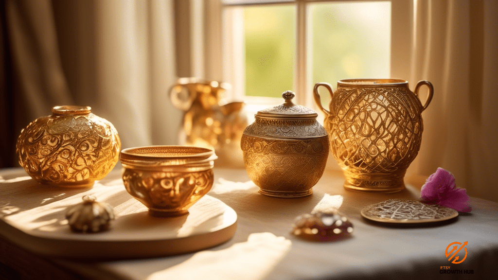 Close-up photo of handmade crafts illuminated by soft, golden sunlight streaming through a window, showcasing intricate details, vibrant colors, and delicate textures - a visual representation of effective craft pricing strategies.