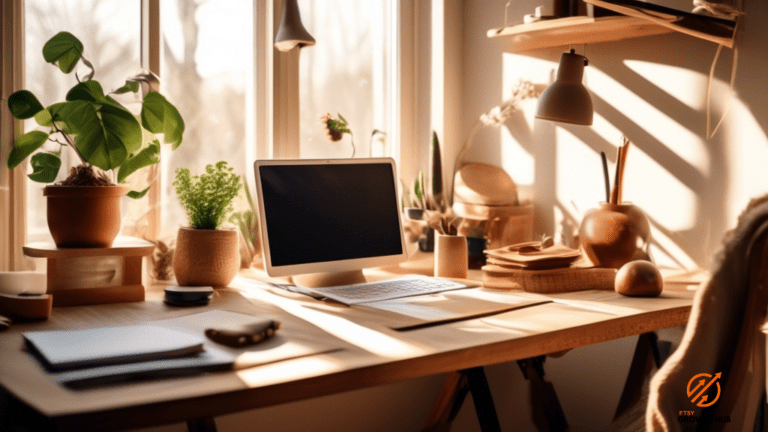 Sunlit workspace showcasing a handcrafted digital product, inviting readers to explore pricing strategies for handmade digital products