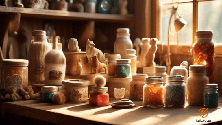 Handmade pet supplies beautifully displayed in a sunlit workshop, showcasing vibrant colors and intricate details.