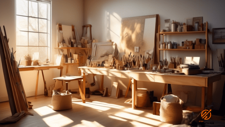 Sunlit studio workspace showcasing a handcrafted item in progress, highlighting the artist's meticulous skill and the value of pricing time and skill