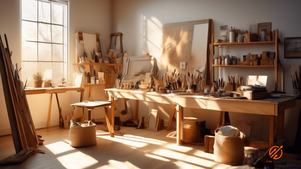Sunlit studio workspace showcasing a handcrafted item in progress, highlighting the artist's meticulous skill and the value of pricing time and skill