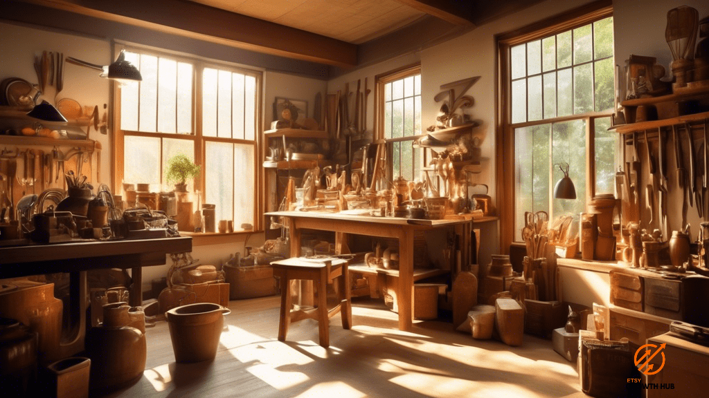 Expert craftsman arranging a stunning collection of vintage items in a sunlit workshop.