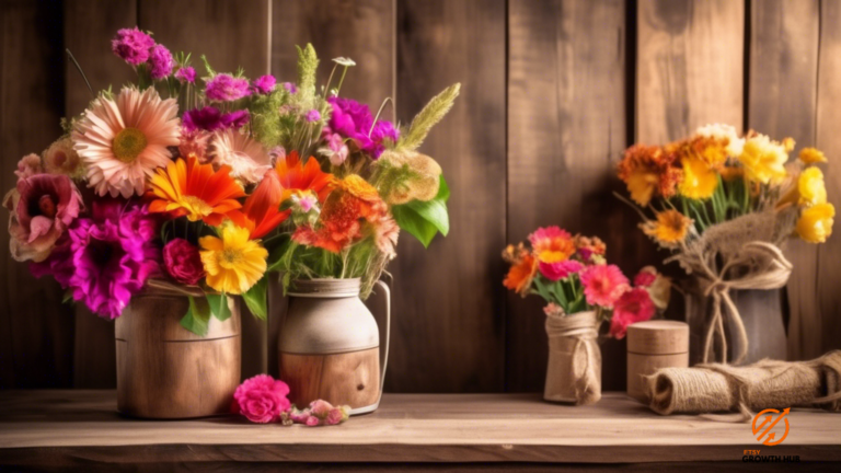DIY props for creative product photography: Rustic wooden backdrop adorned with vibrant fresh flowers and handmade props, glowing in bright natural light