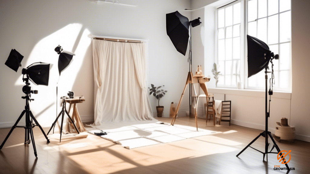 Immaculate product photography studio showcasing bright natural light, professional camera, tripod, and a table with an array of props and products.