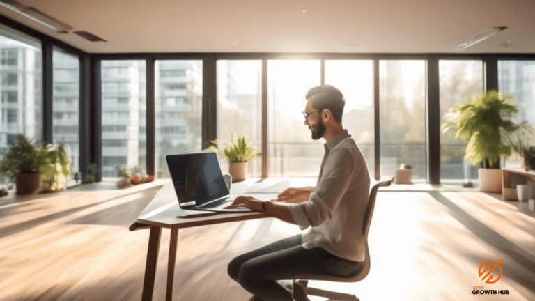 SEO for beginners: Discover a serene and inviting workspace with a person seated at a well-organized desk, surrounded by large windows pouring in abundant natural light, as they learn the fundamentals of SEO on a laptop.