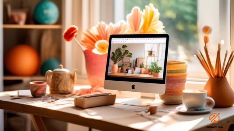 An inviting sunlit workspace adorned with colorful handmade crafts, an open laptop displaying Etsy's homepage, and a cup of coffee nearby, creating a captivating scene for starting an engaging Etsy shop.