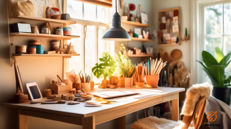 Kickstart Your Etsy Journey: Tips For Starting An Etsy Shop - Bright and Inspiring Workspace with Handmade Crafts, Neatly Organized Supplies, and Etsy Homepage Displayed on Laptop