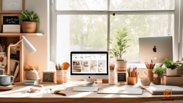 Step-by-step guide to starting an Etsy shop, featuring a bright, airy workspace flooded with natural light, showcasing the Etsy homepage on a computer screen, surrounded by a neatly organized desk, art supplies, and a cup of coffee.