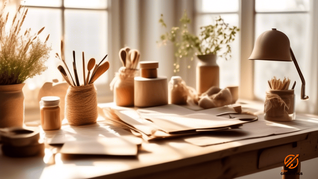 Capture the essence of a well-lit workspace for your Etsy shop photography tips blog post, showcasing handmade products bathed in soft sunlight through a nearby window.