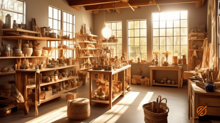 Tiered shelves in a sunlit workshop showcasing exquisite handmade products