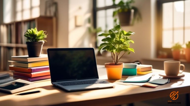 Tools and resources for engagement: A sunlit workspace showcasing a sleek laptop, colorful sticky notes on a notepad, a vibrant potted plant, and a bookshelf filled with books on engagement and productivity.