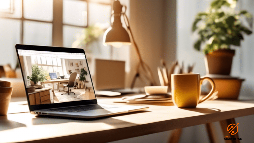 Alt Text: A sunlit workspace with a laptop displaying Etsy analytics, showing a seller analyzing sales and traffic data in a bright and productive environment.