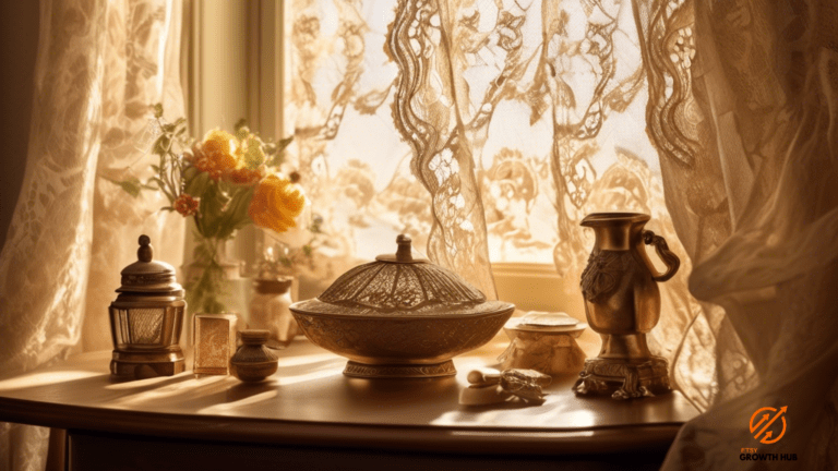 Vintage-inspired product photography showcasing a well-lit scene with soft, golden sunlight streaming through a lace-curtained window, casting warm shadows on a curated collection of timeless antique objects.