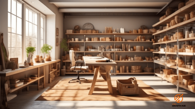 Wholesale pricing strategies for handmade products displayed in a well-lit workspace with natural daylight flooding through a large window, showcasing textures, colors, and craftsmanship.